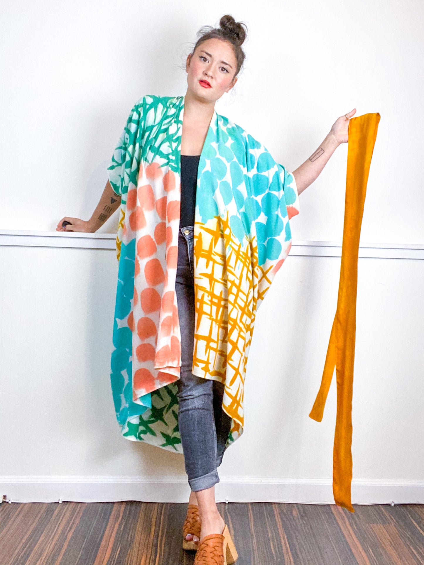 OOAK Hand-Dyed High Low Kimono Marigold Coral Emerald Parakeet Multi Mark