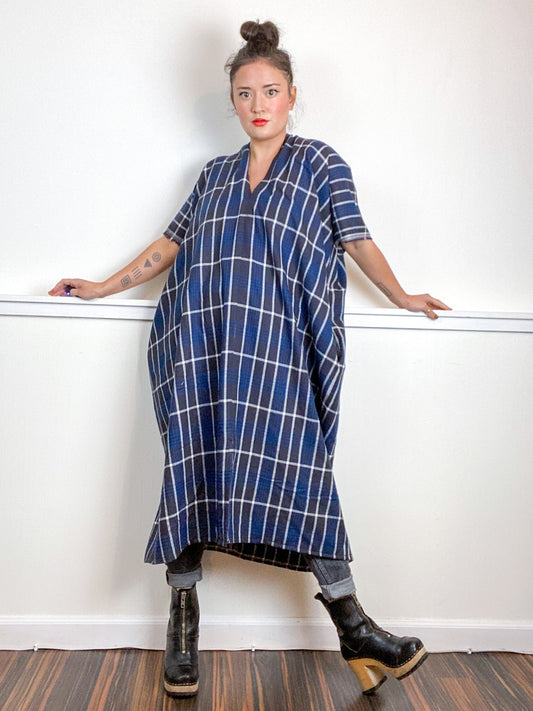Plaid Smock Dress Charcoal Blue Midi