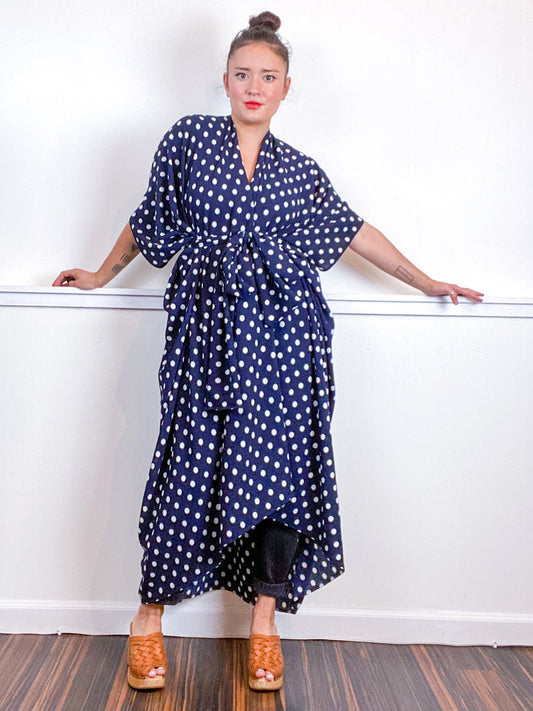 Print High Low Kimono Navy Polka Dots Bubble Crepe