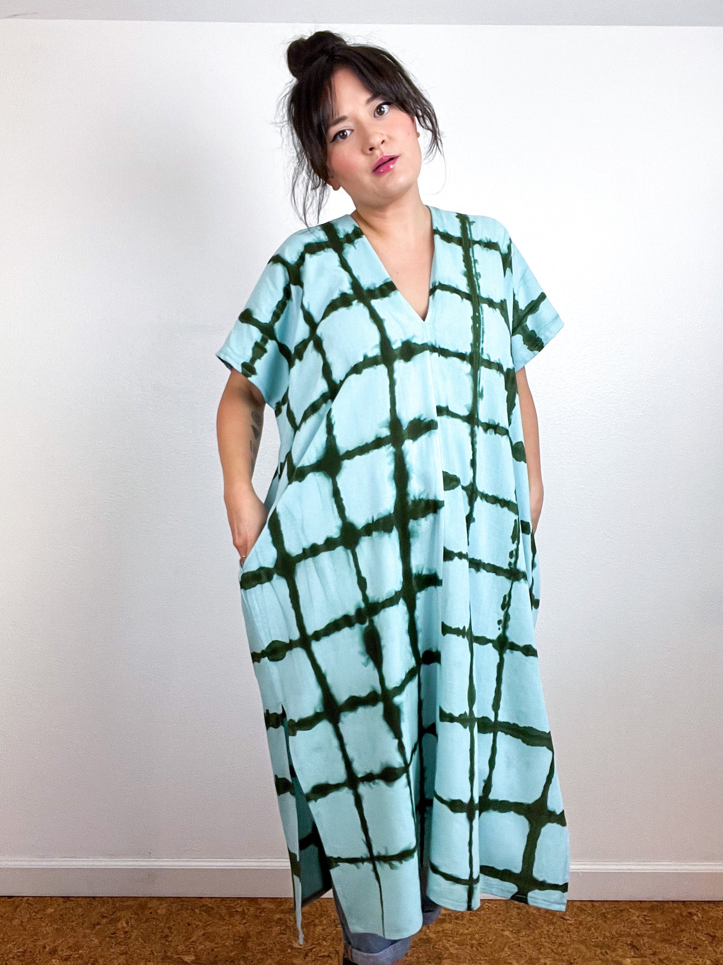 Hand-Dyed Midi Smock Dress Aqua Forest Windowpane