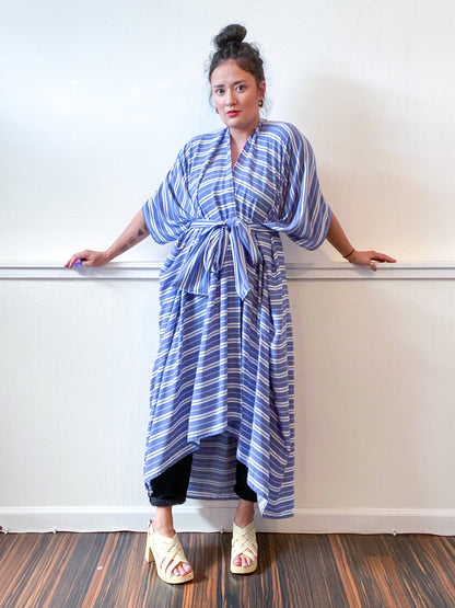 Print High Low Kimono Blue White Stripes Rayon Challis