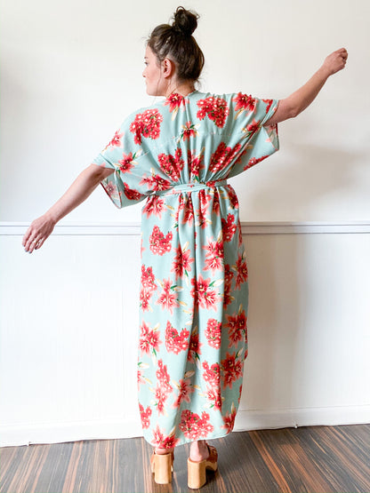 Print High Low Kimono Sage Red Lilies