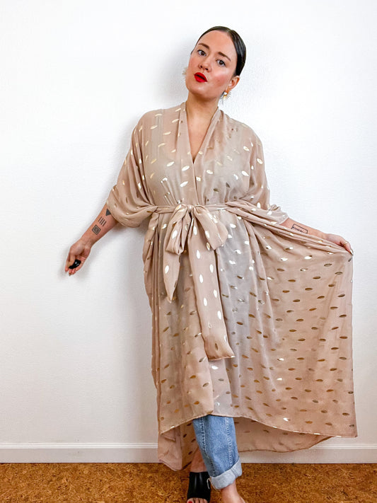 Print High Low Kimono Nude Gold Leaf Chiffon