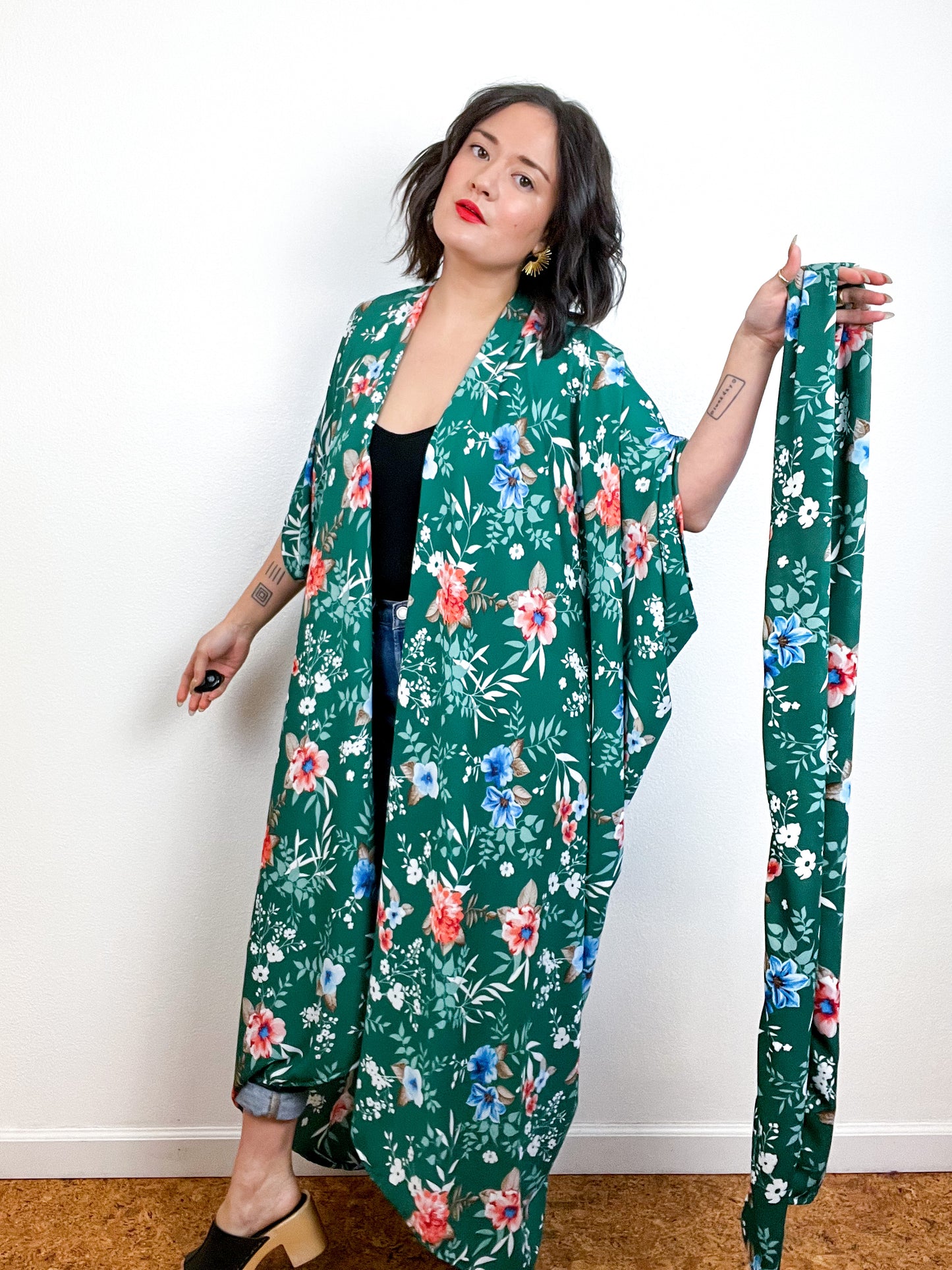 Print High Low Kimono Green Floral Georgette