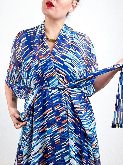 Print High Low Kimono Blue Orange Lines Chiffon
