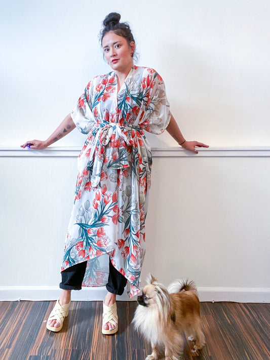 Print High Low Kimono Ivory Red Tulips Chiffon