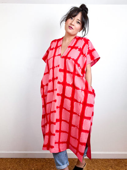 Hand-Dyed Midi Smock Dress Pink Scarlet Windowpane