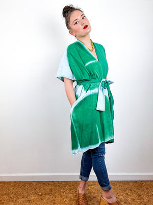 Single Gauze Mini Caftan Dress Green Aqua Brushstrokes