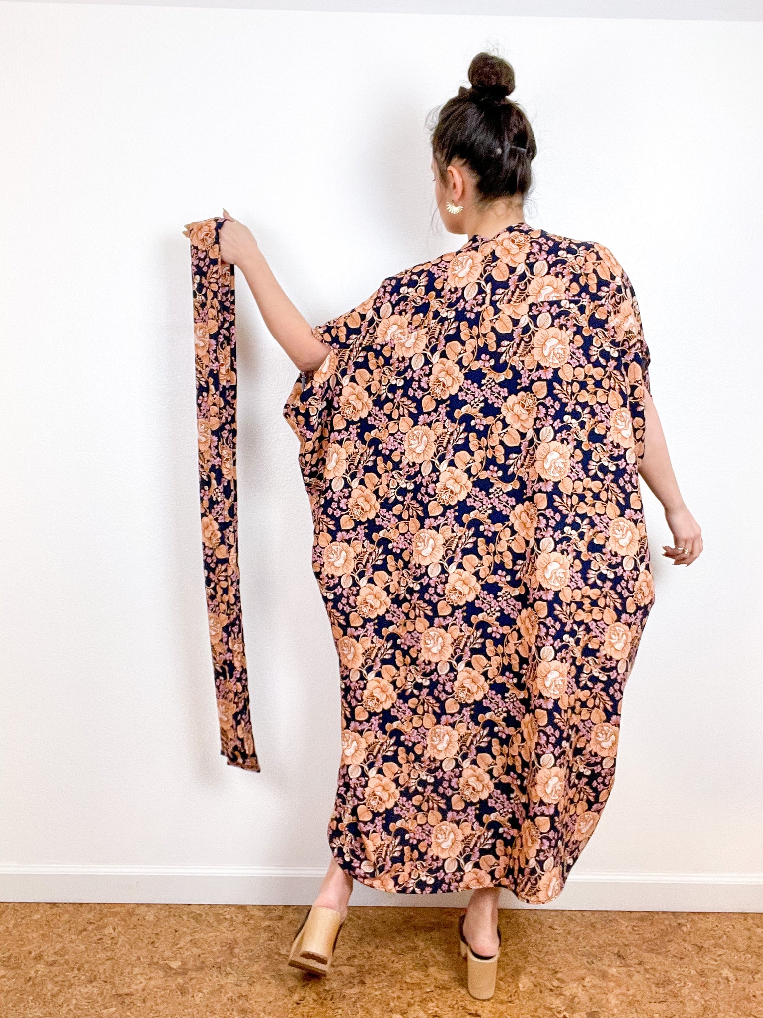 High Low Kimono Navy Peach Boho Rayon Crepe