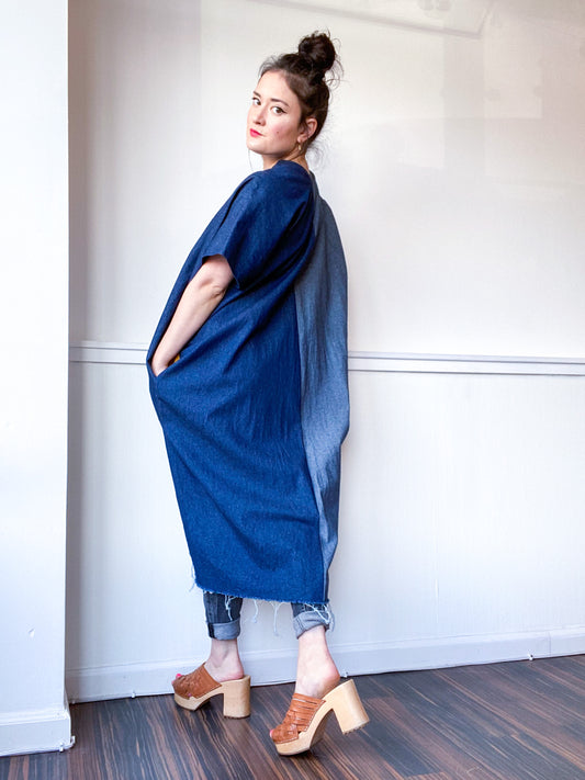 Denim Midi Smock Dress Dark Two Tone Size Large