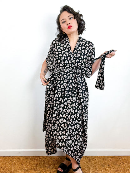 Print High Low Kimono Black Cherry Blossom Crinkle Challis