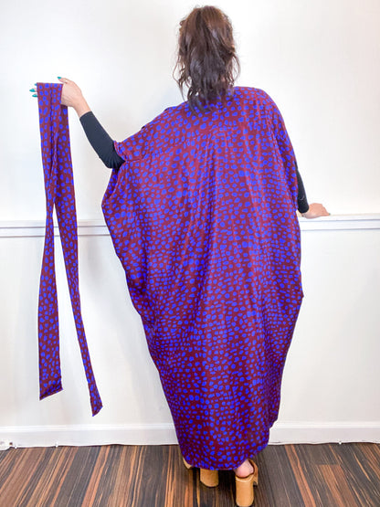 Print High Low Kimono Maroon Blue Dots Silk