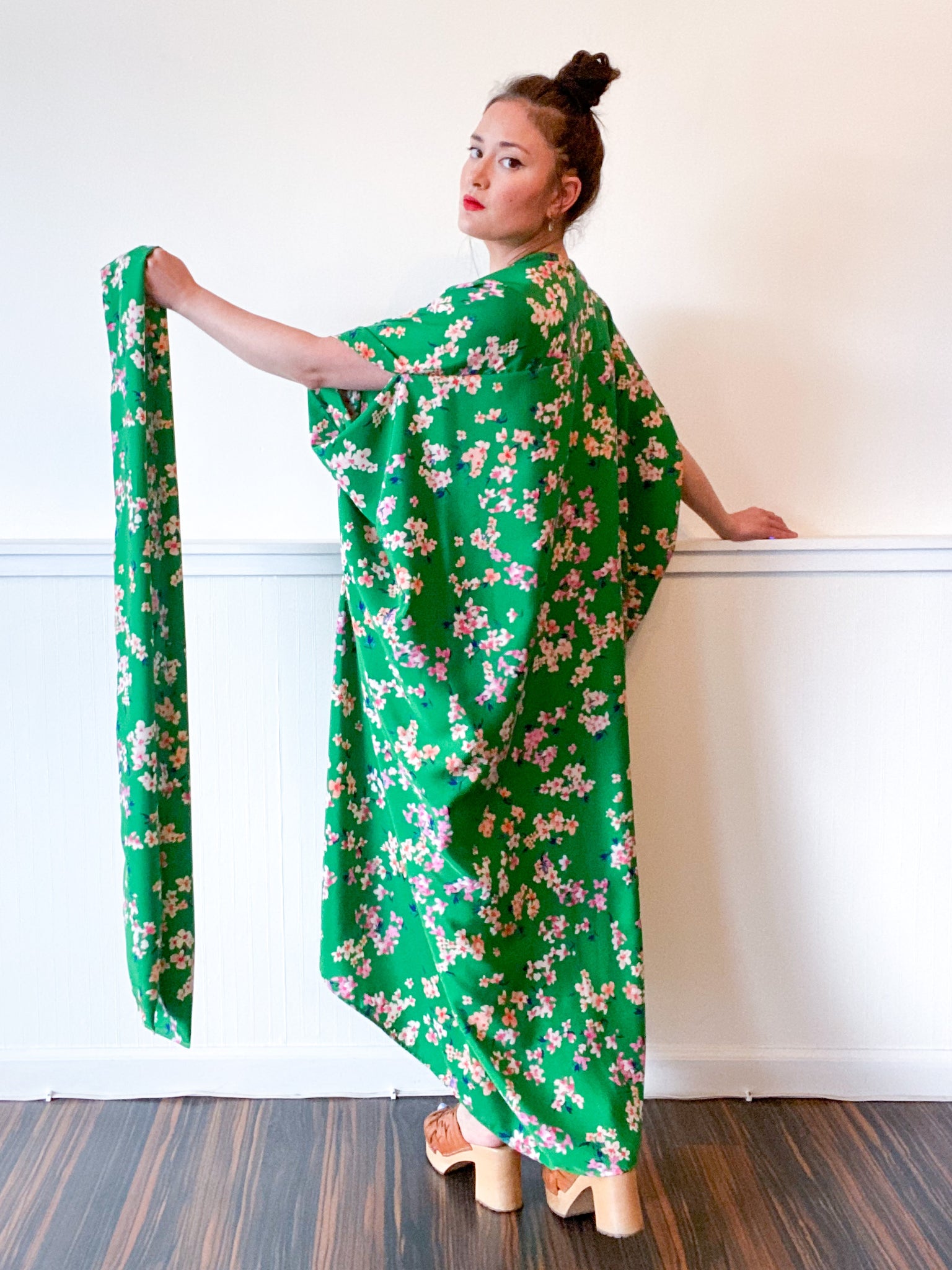 Print High Low Kimono Green Floral Crepe de Chine