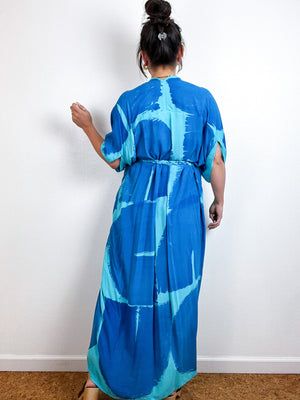Hand-Dyed High Low Kimono Aqua Blue Brushstroke