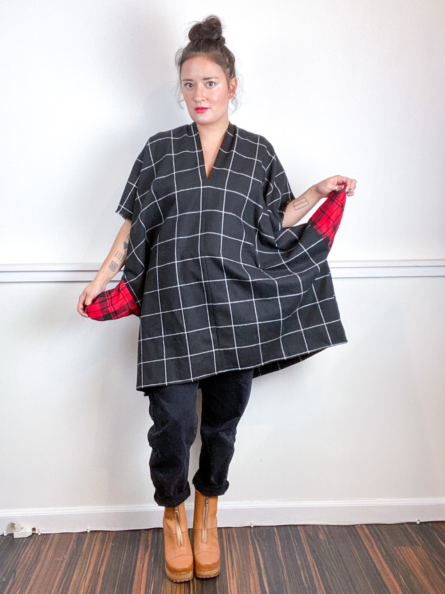 Plaid Smock Dress Mini Length Black Windowpane
