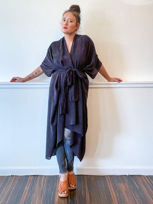 Hand-Dyed High Low Kimono Black Over Dye Silk