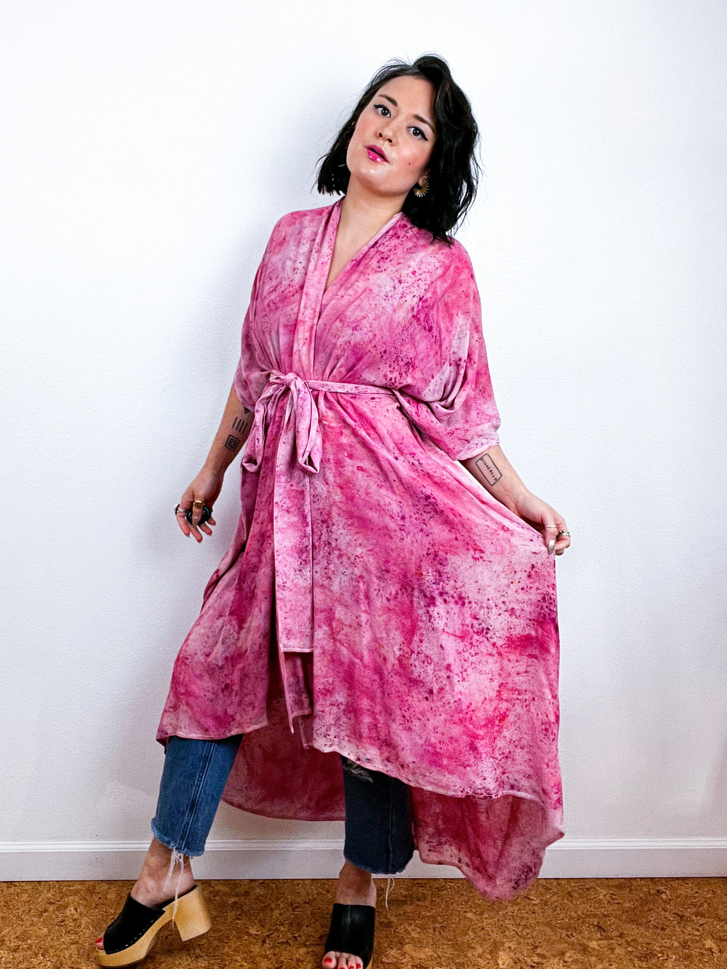 Hand-Dyed High Low Kimono Deconstructed Pink