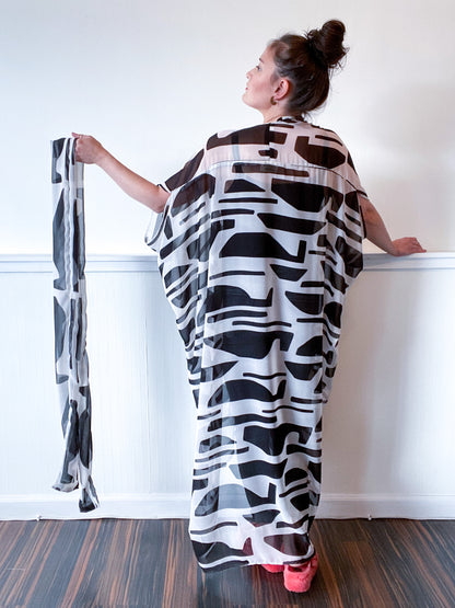Print High Low Kimono Black White Abstract Chiffon