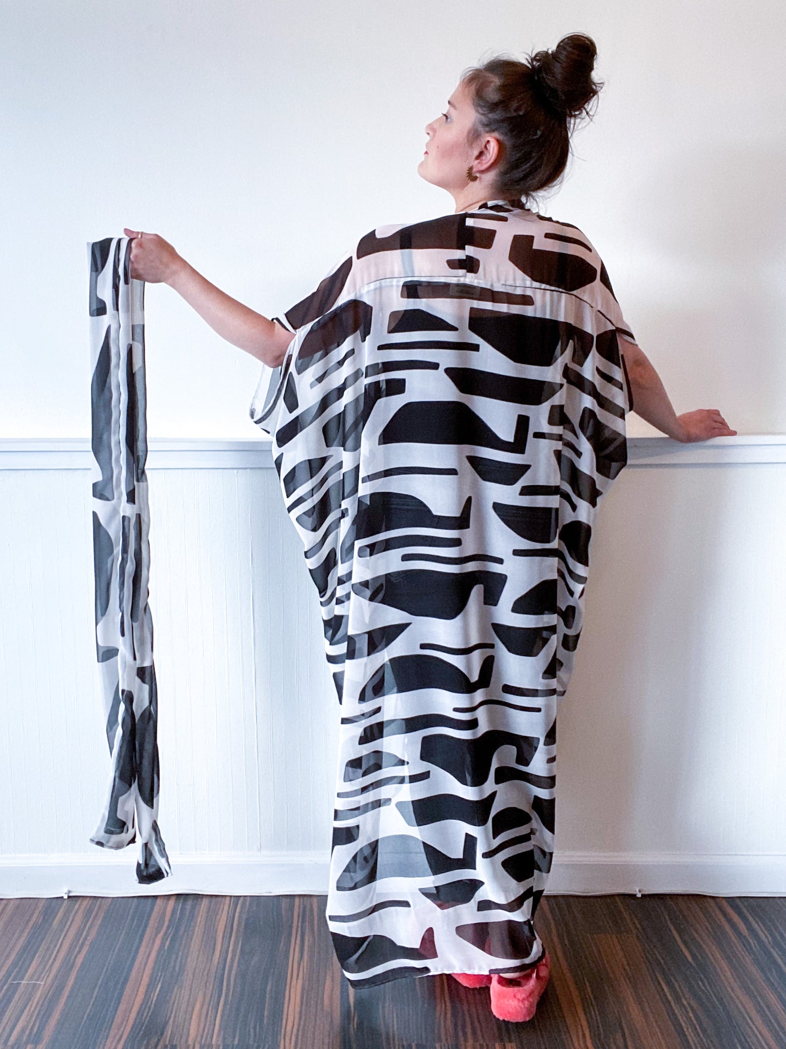 Print High Low Kimono Black White Abstract Chiffon