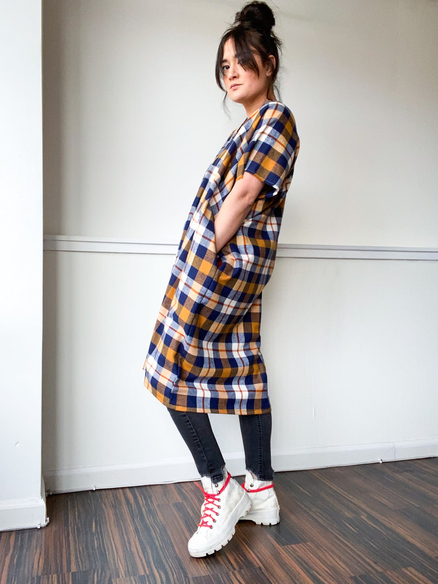 Plaid Midi Smock Dress Mustard Navy