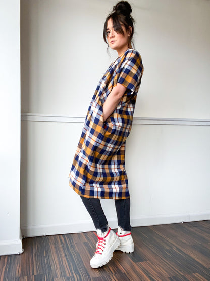 Plaid Midi Smock Dress Mustard Navy
