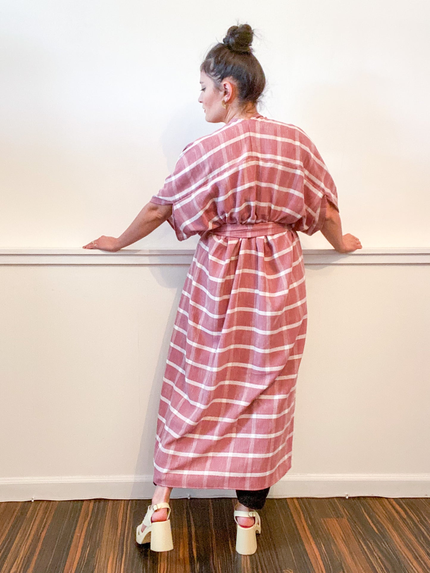 Print High Low Kimono Clay Plaid Rayon Woven