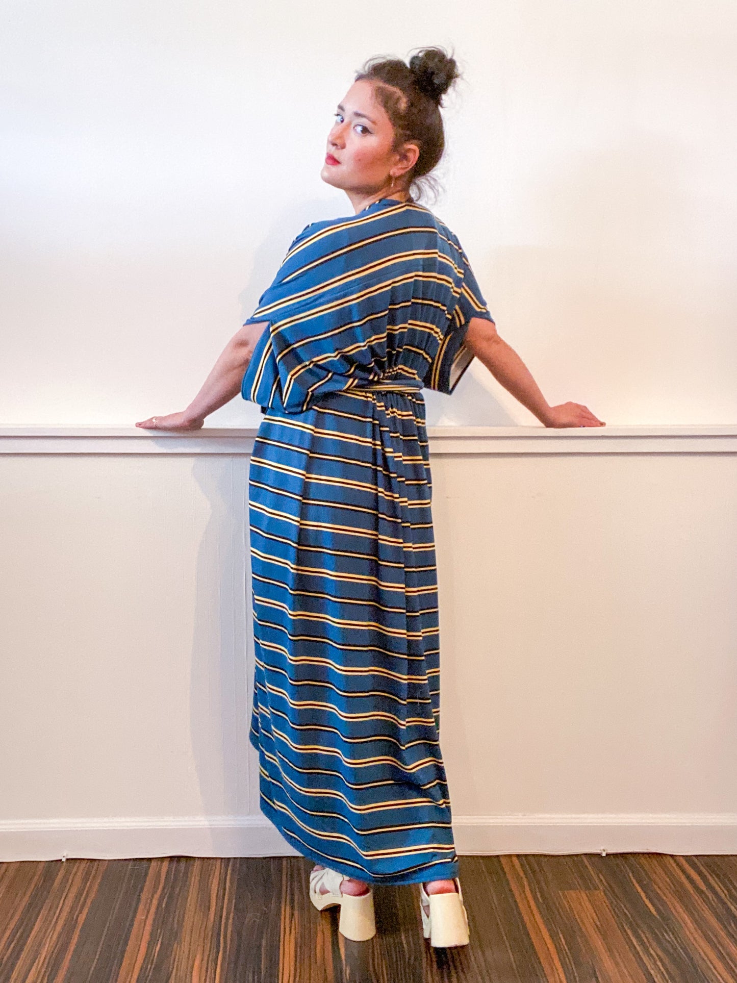 Print High Low Kimono Teal Stripes Knit