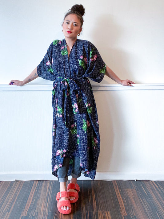 Print High Low Kimono Navy Dots and Floral Bubble Crepe