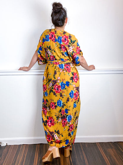 Print High Low Kimono Marigold Floral Bubble Crepe