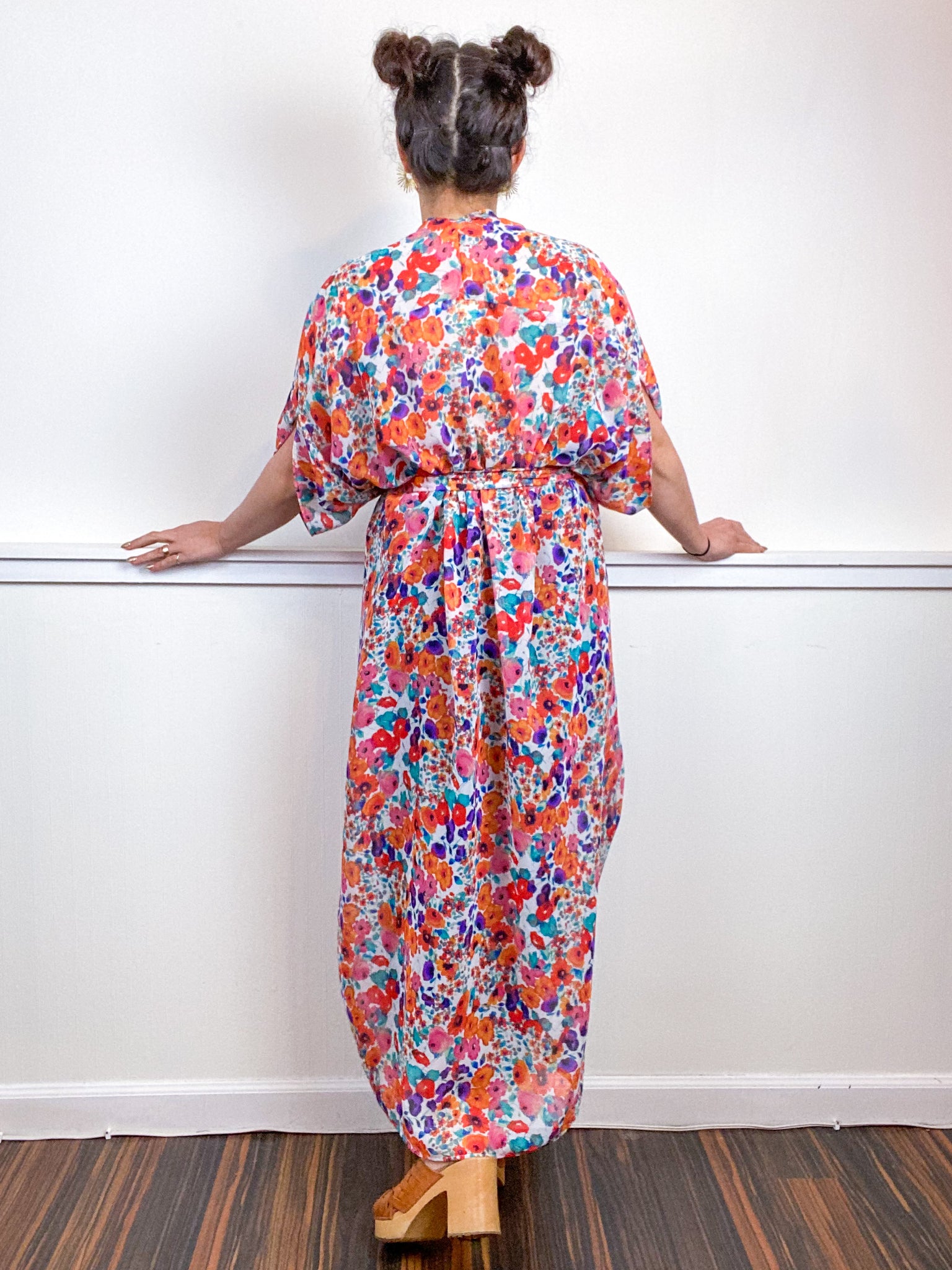 Print High Low Kimono Multicolor Watercolor Chiffon