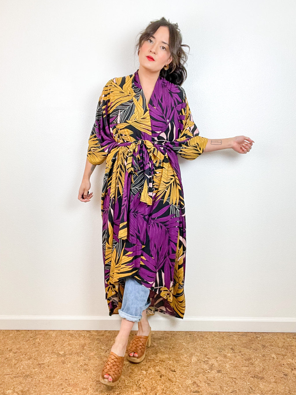 Print High Low Kimono Purple Palms Challis