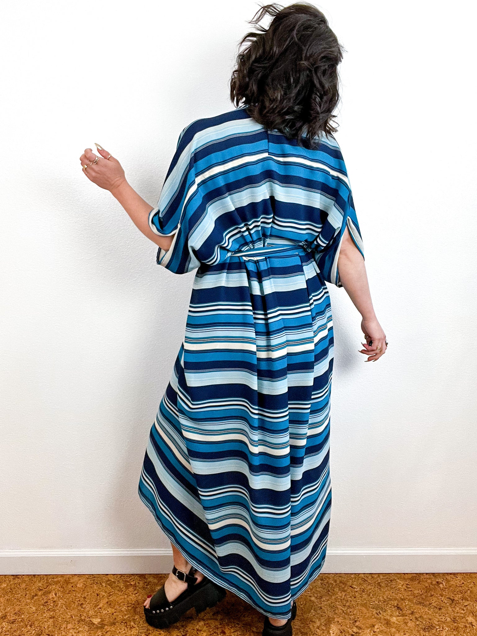 Print High Low Kimono Blue Stripe Georgette