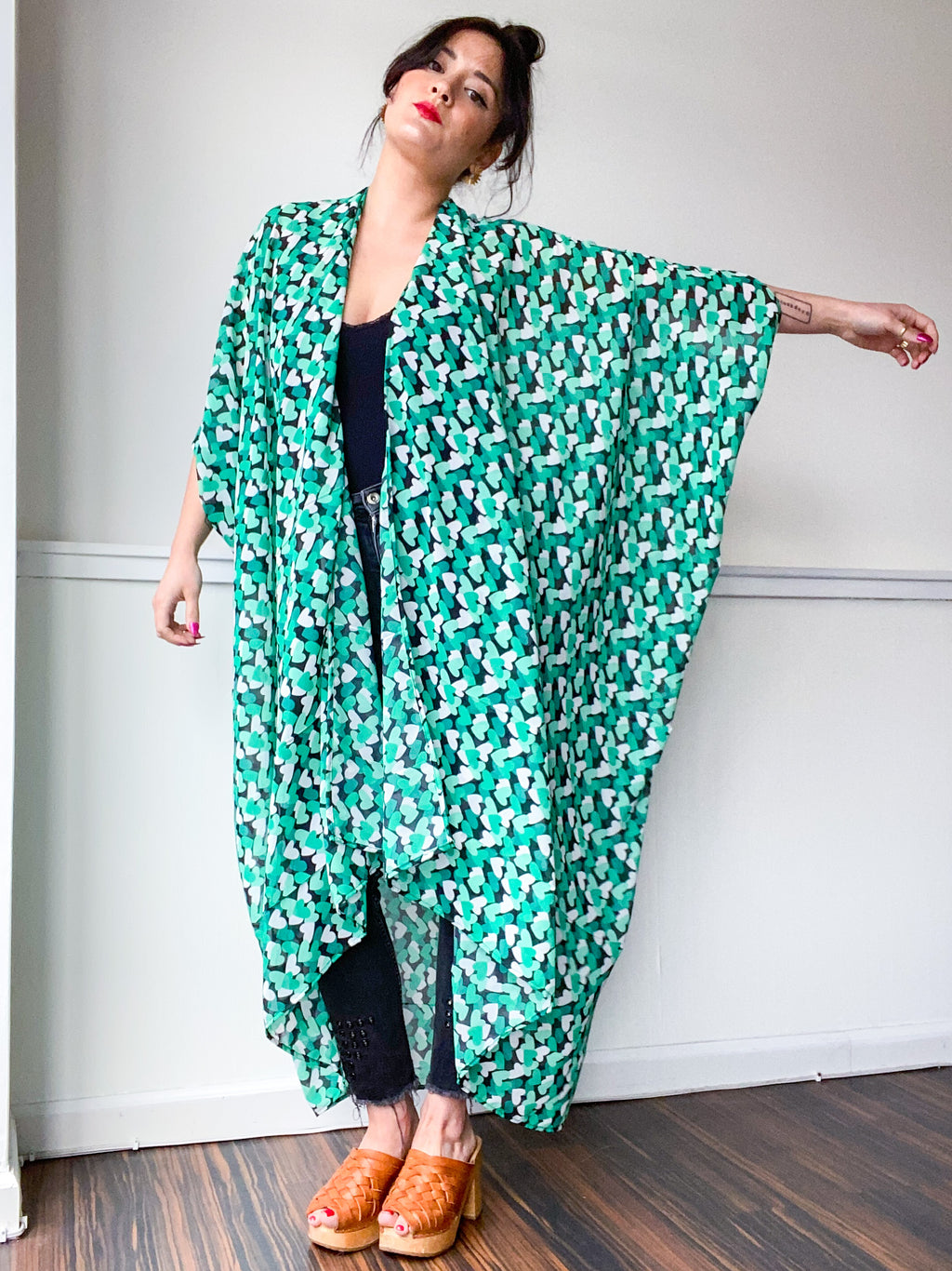 Print High Low Kimono Emerald Hearts