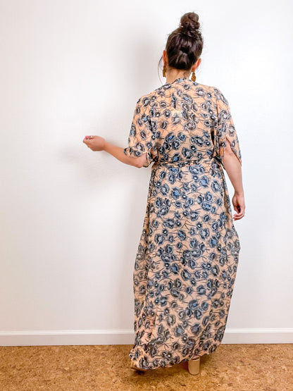 Print High Low Kimono Peach Poppy Floral Chiffon