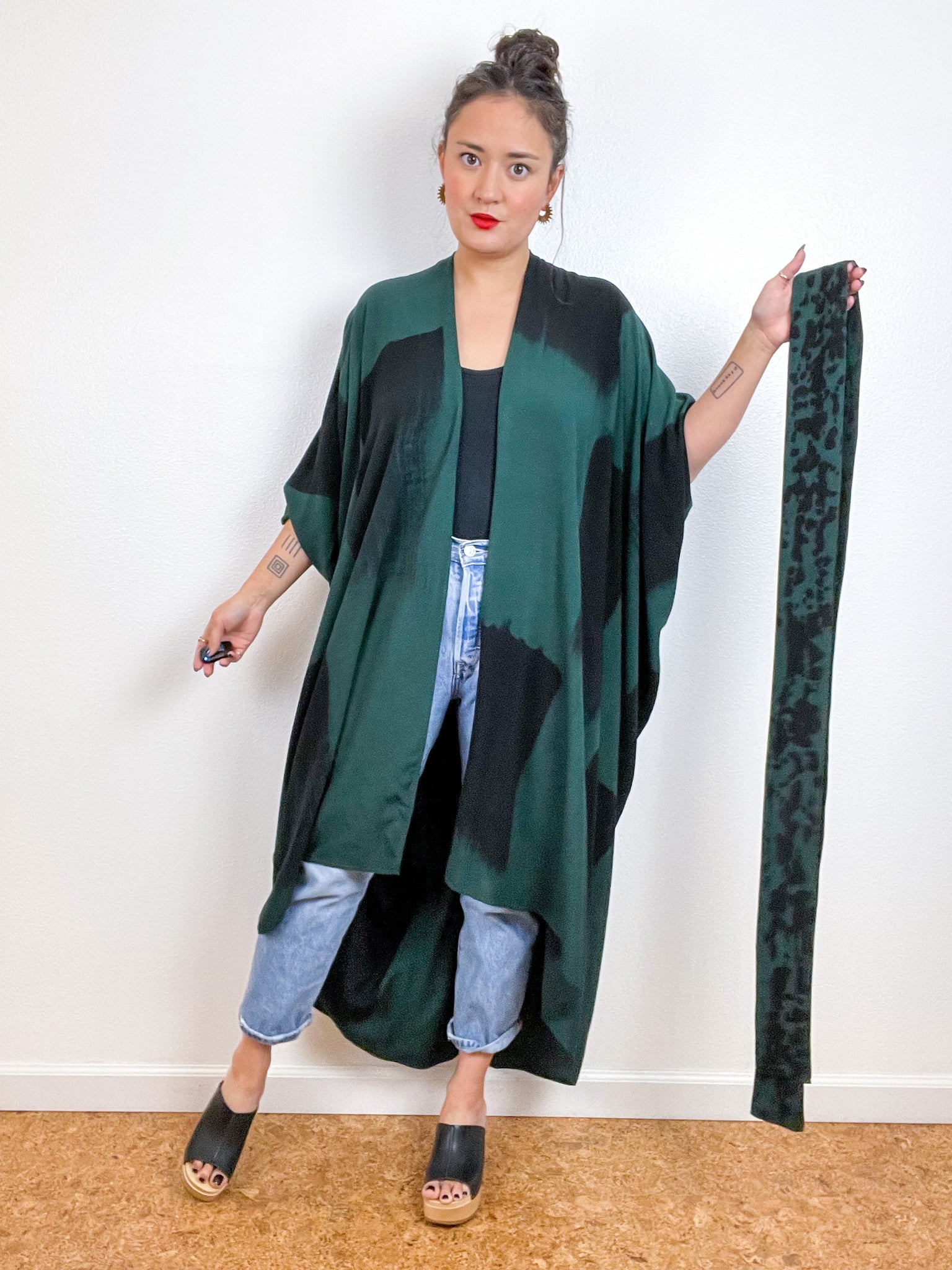 Hand-Dyed High Low Kimono Emerald Black Rectangles