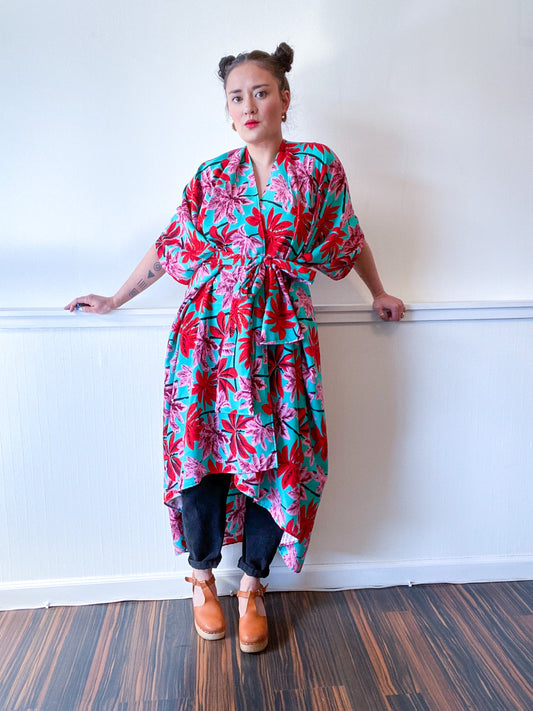 Print High Low Kimono Tropical Palms Rayon Challis