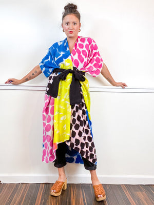 OOAK Hand-Dyed High Low Kimono Pink Raven Royal Lemon Brushstrokes