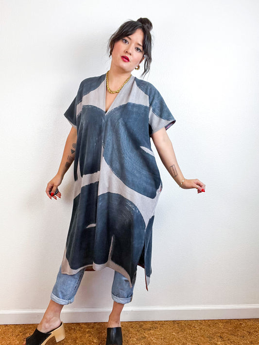 Hand-Dyed Midi Smock Dress Cocoa Graphite Brush