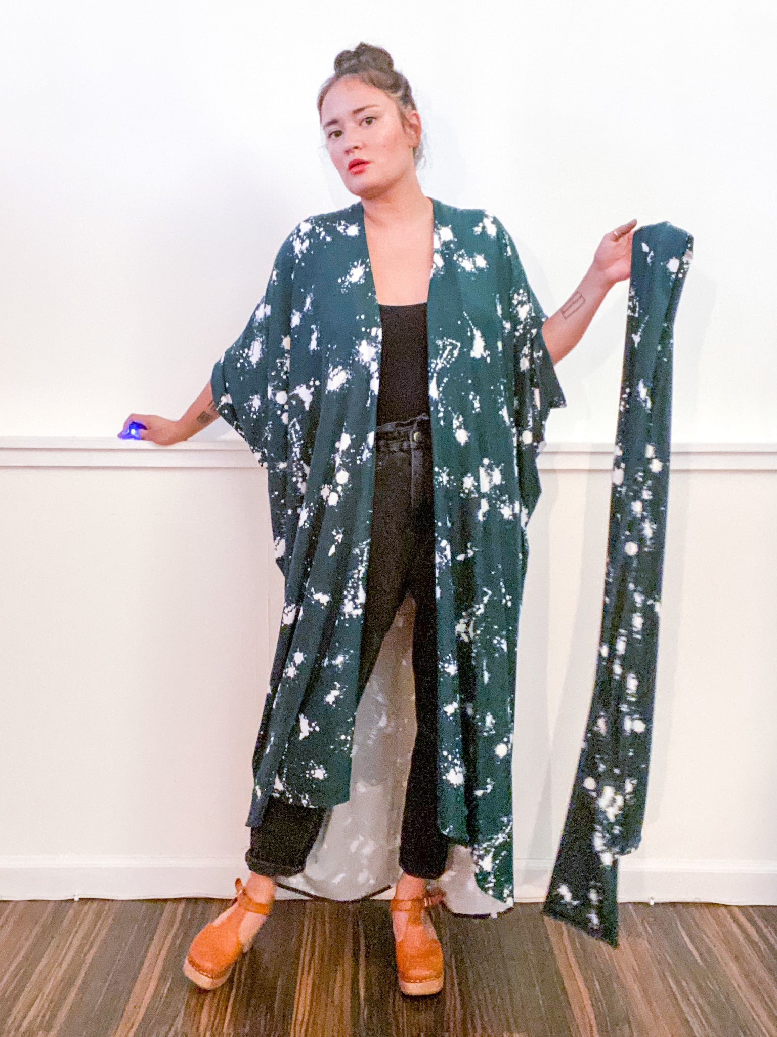 Print High Low Kimono Hunter Green Drops Knit