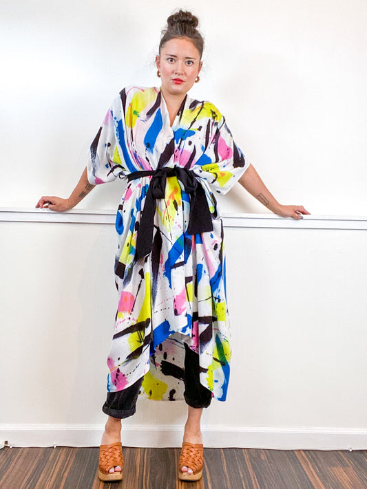 Limited Edition Hand-Dyed High Low Kimono Pink Raven Royal Lemon Gesture