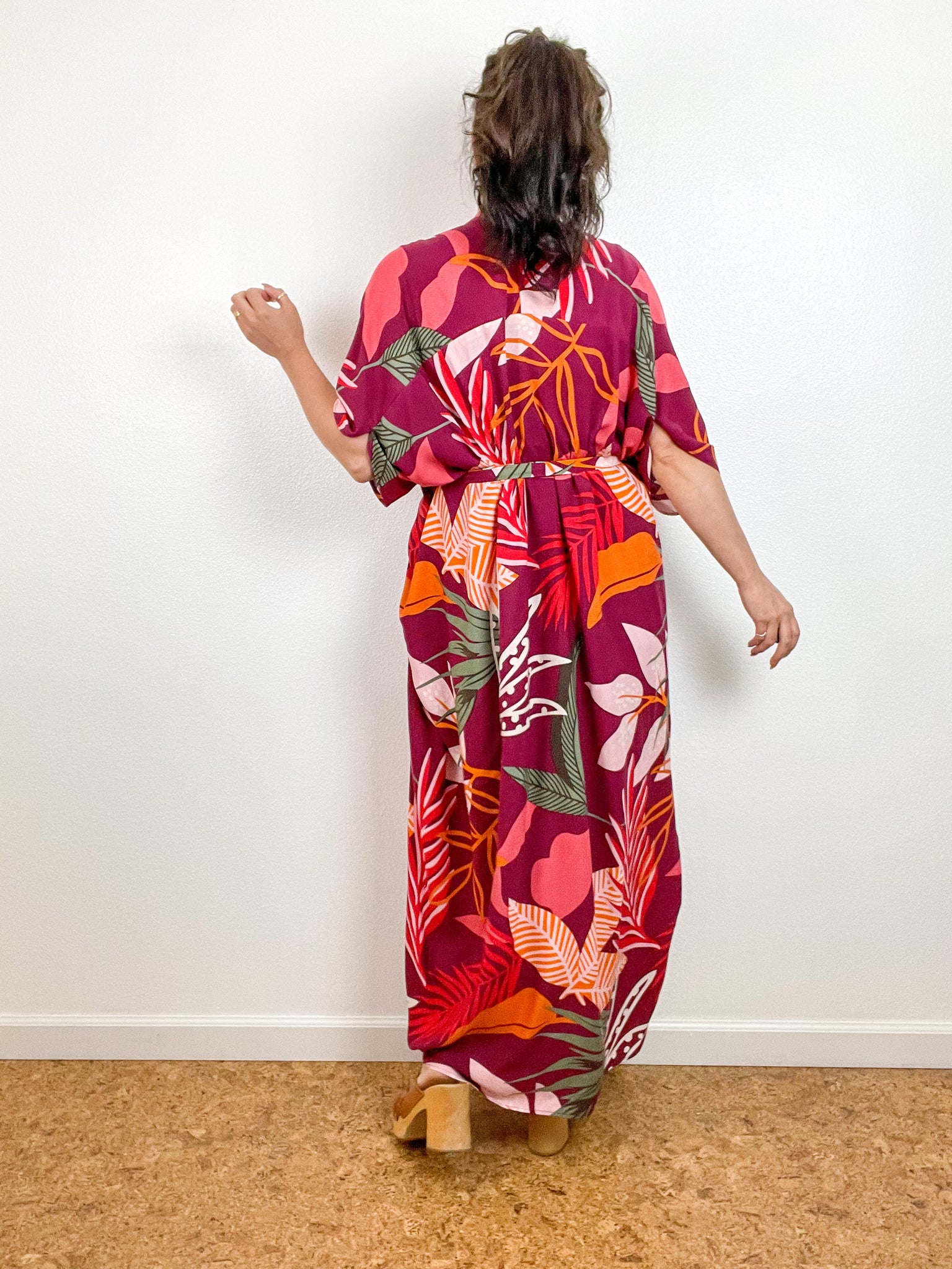 Print High Low Kimono Maroon Mod Leaves Challis