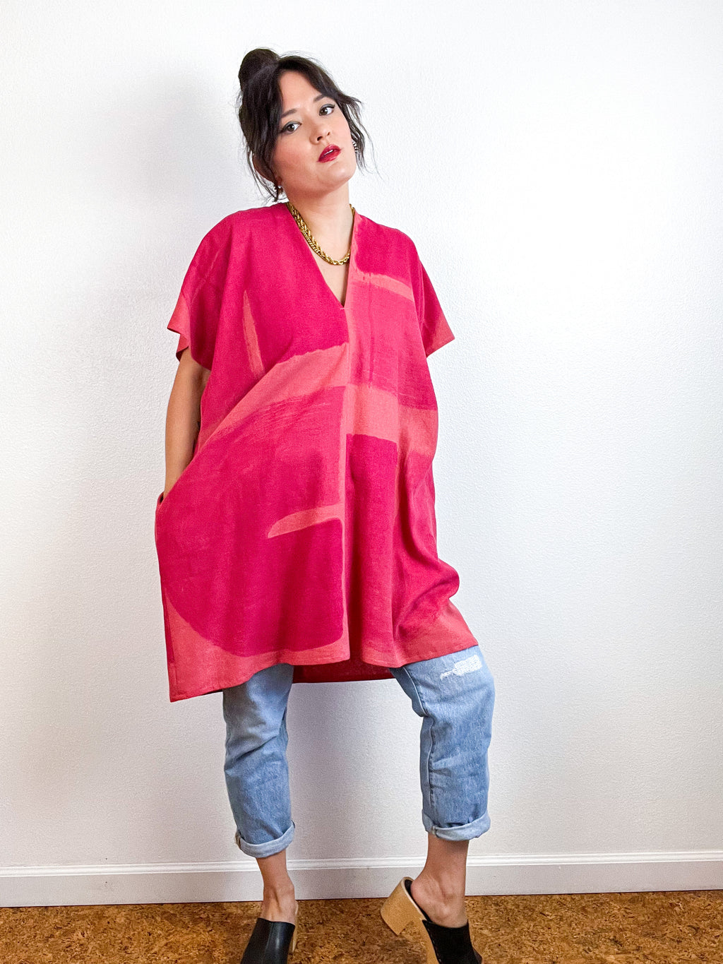 Hand-Dyed Mini Smock Dress Orange Fuchsia Brush