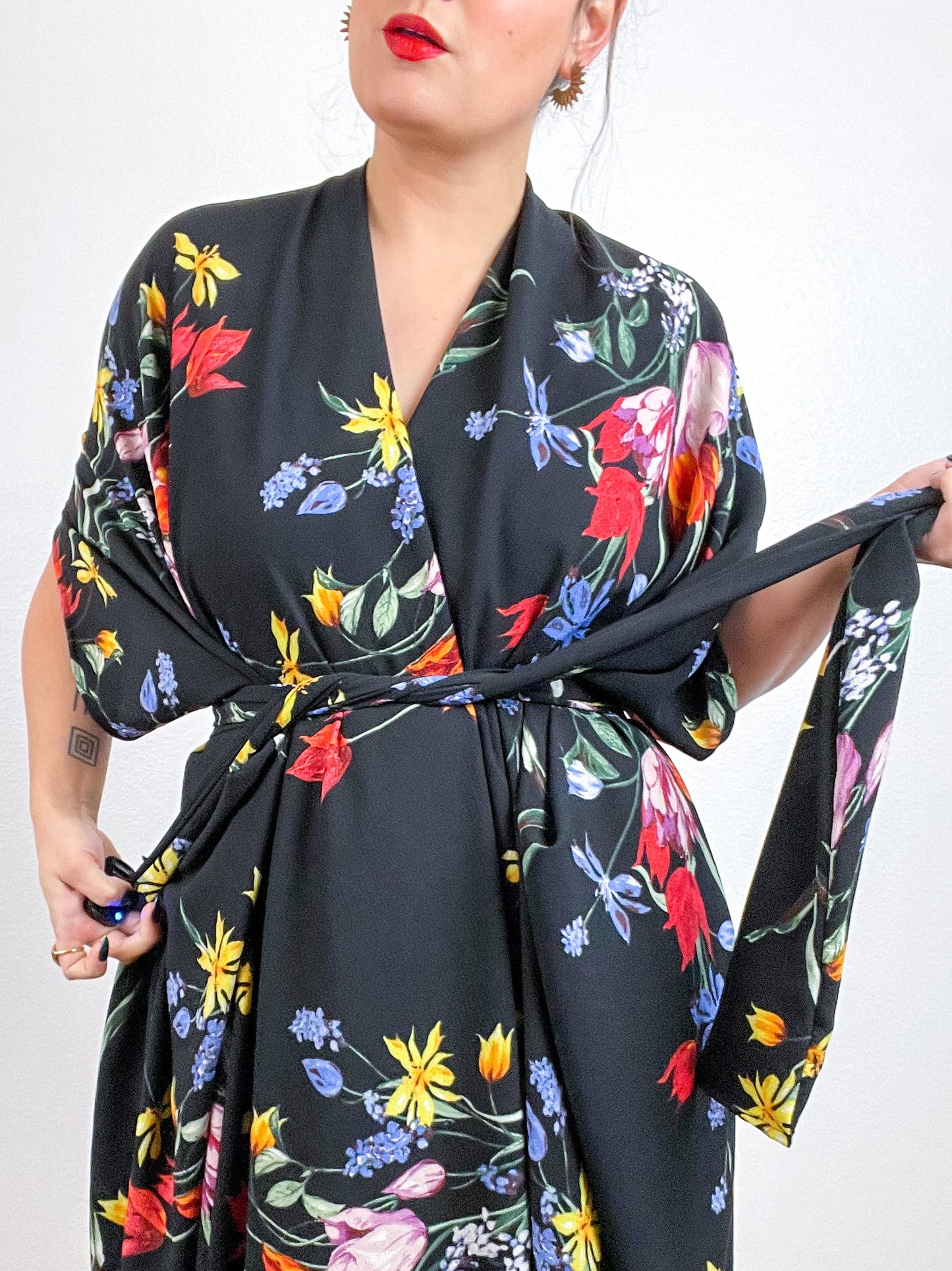 Print High Low Kimono Black Tulip Bubble Crepe