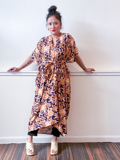 Print High Low Kimono Navy Amber Peony Knit