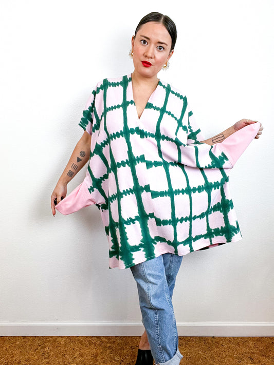 Hand-Dyed Mini Smock Dress Blush Green Windowpane