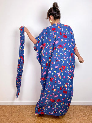 Print High Low Kimono Blue Petals Crepe