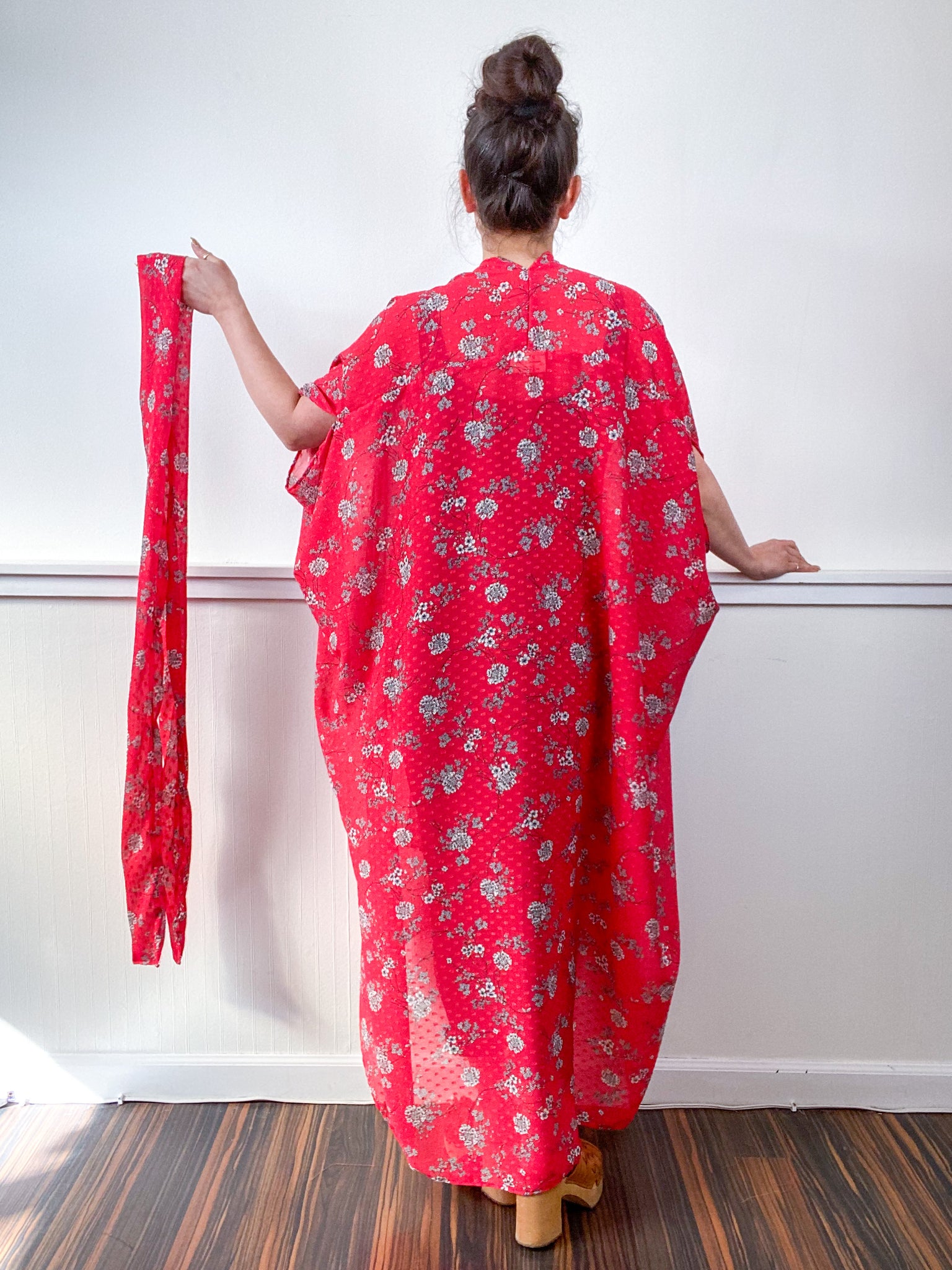 Print High Low Kimono Red Swiss Dot Chiffon