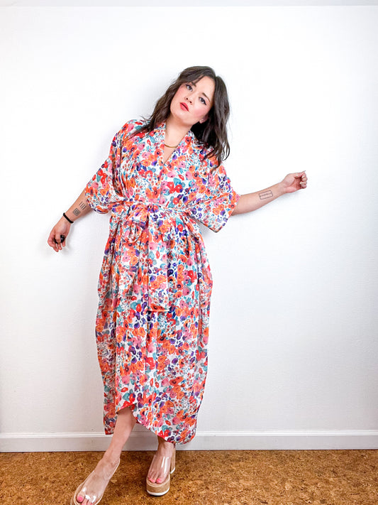 Print High Low Kimono Coral Mini Floral Chiffon