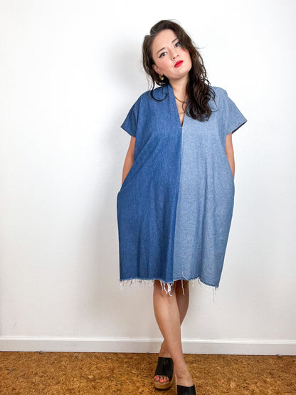 Denim Mini Smock Dress Two Tone