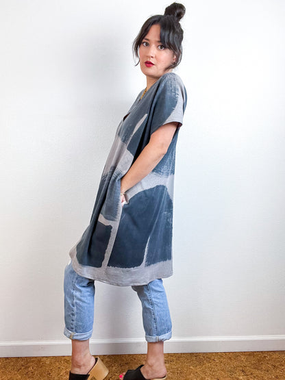 Hand-Dyed Mini Smock Dress Cocoa Graphite Brush